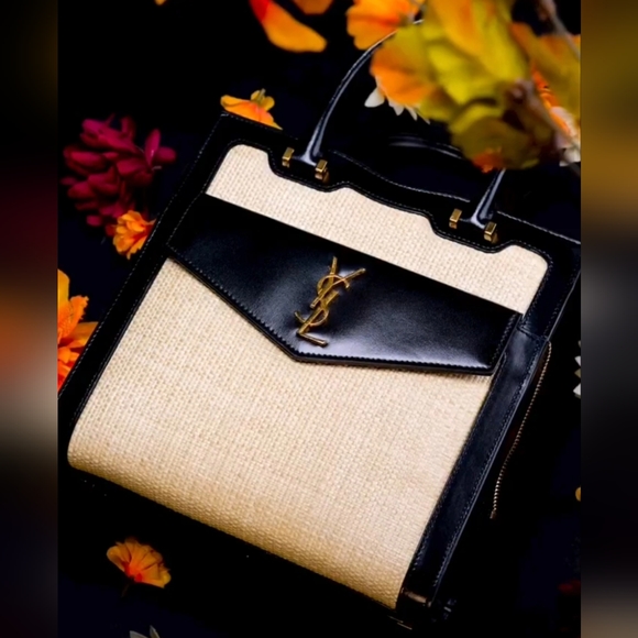Very Rare! YSL Saint Laurent Uptown 2 in 1 Tote Canvas w/ Leather RAFFIA SATCHEL - Picture 6 of 16